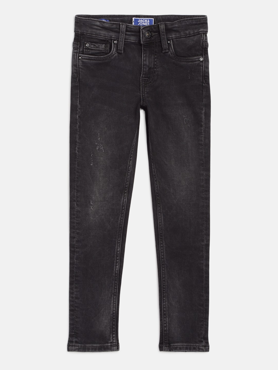 

Jack & Jones Boys Black Slim Fit Mid-Rise Low Distress Light Fade Stretchable Jeans