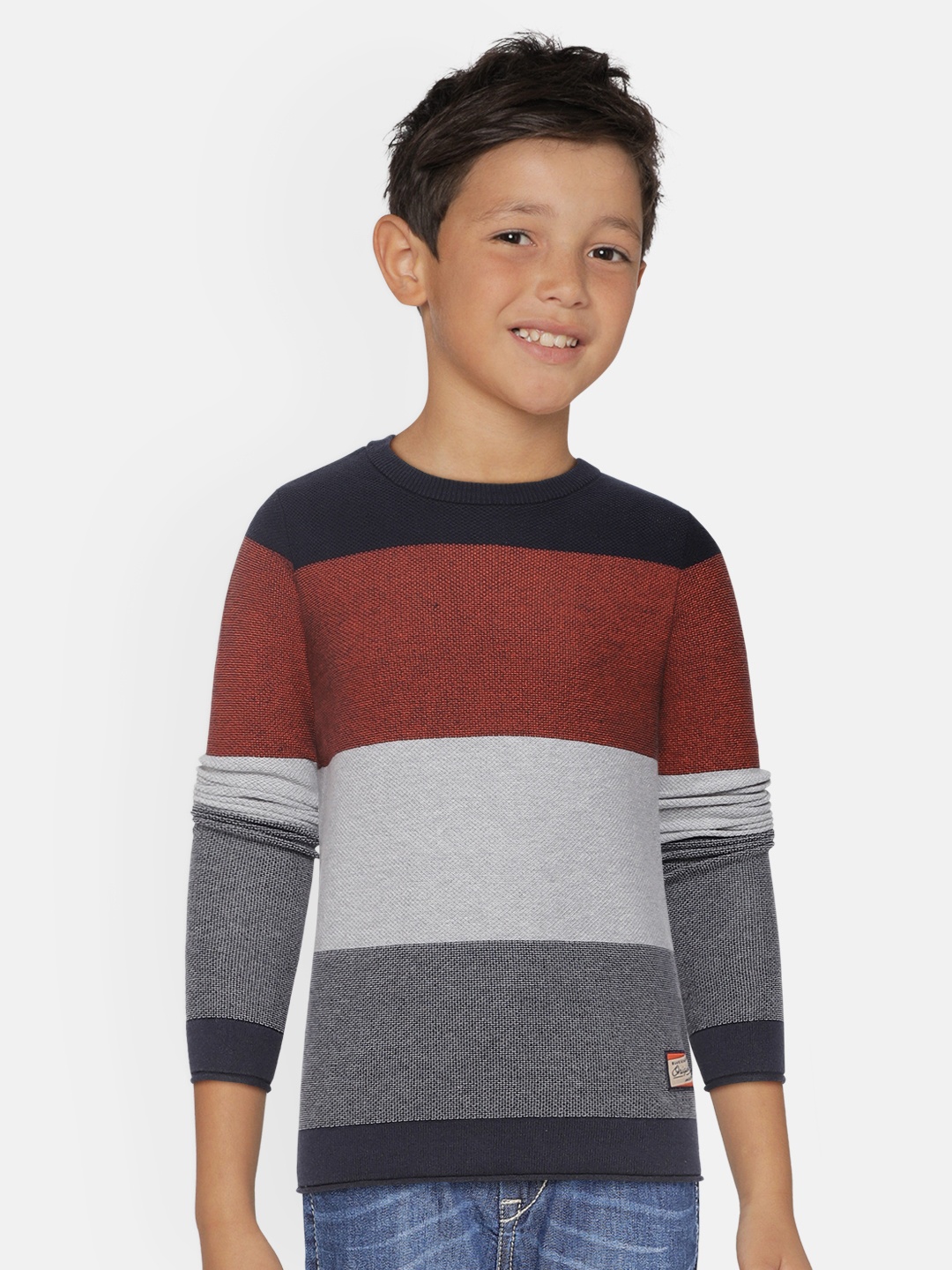 

Jack & Jones Boys Navy Blue & Maroon Colourblocked Pullover Sweater
