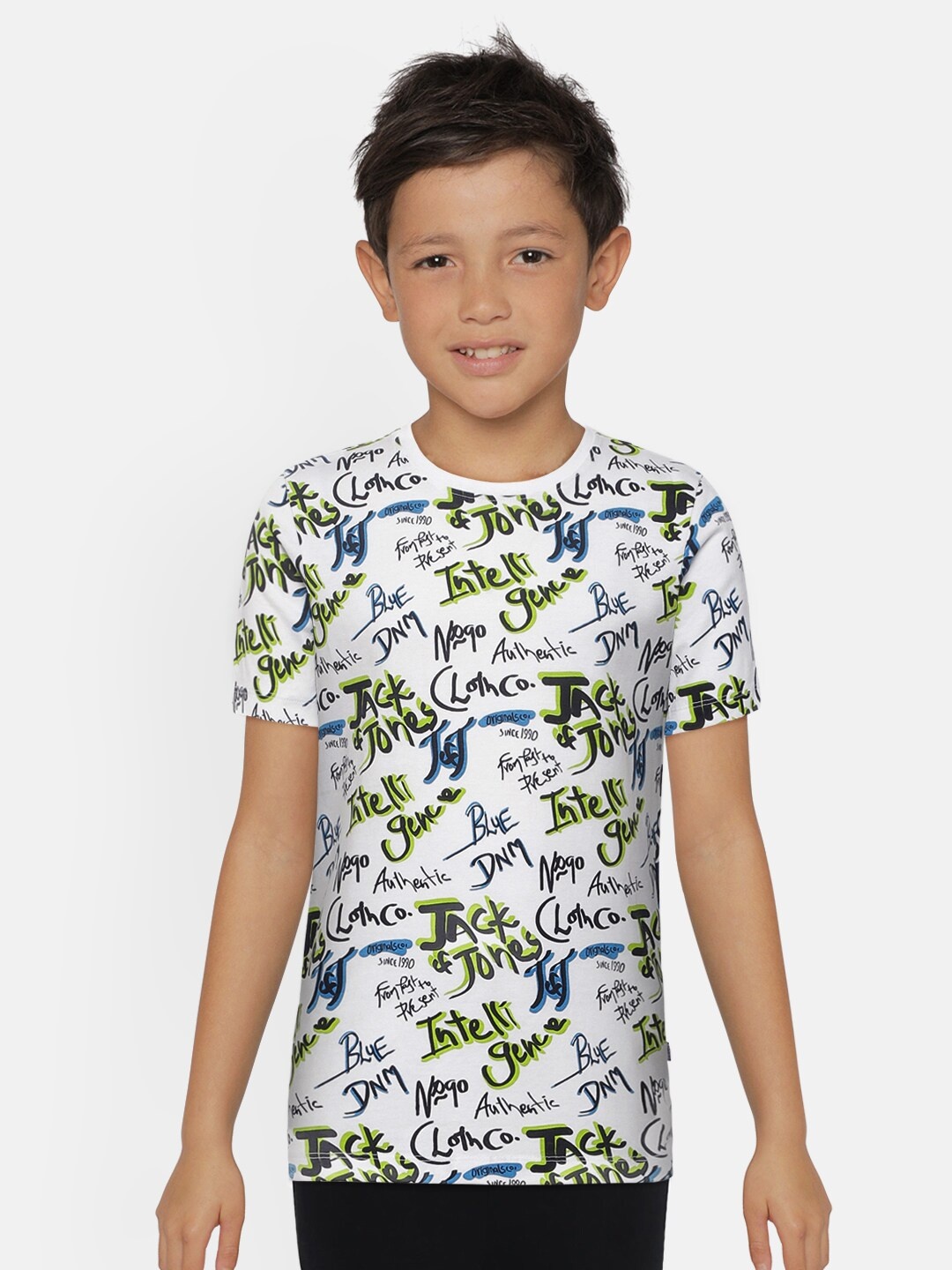 

Jack & Jones Boys White Printed JJJR INTELL AOP SS Round Neck Cotton T-shirt