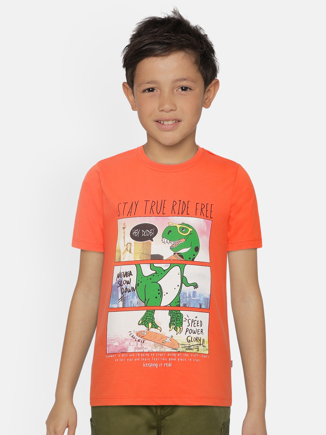 

Jack & Jones Boys Orange Printed Organic Cotton NEAL SS Round Neck T-shirt