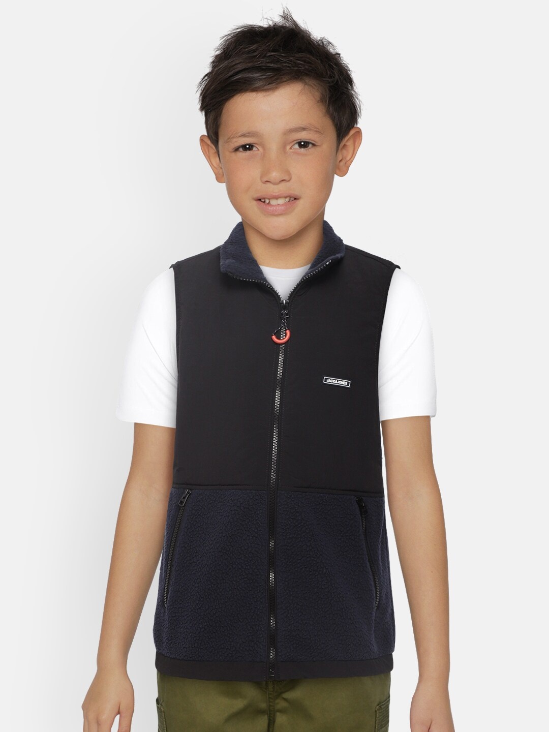 

Jack & Jones Boys Black & Navy Blue Colourblocked Open Front Jacket