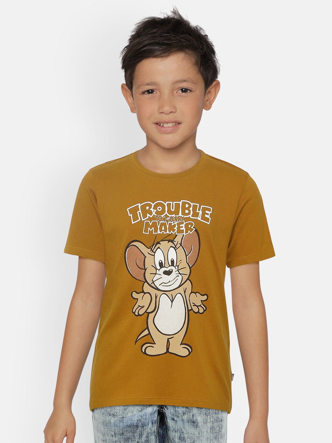 

Jack & Jones Boys Tan Printed Tom & Jerry TROUBLE SS Round Neck T-shirt