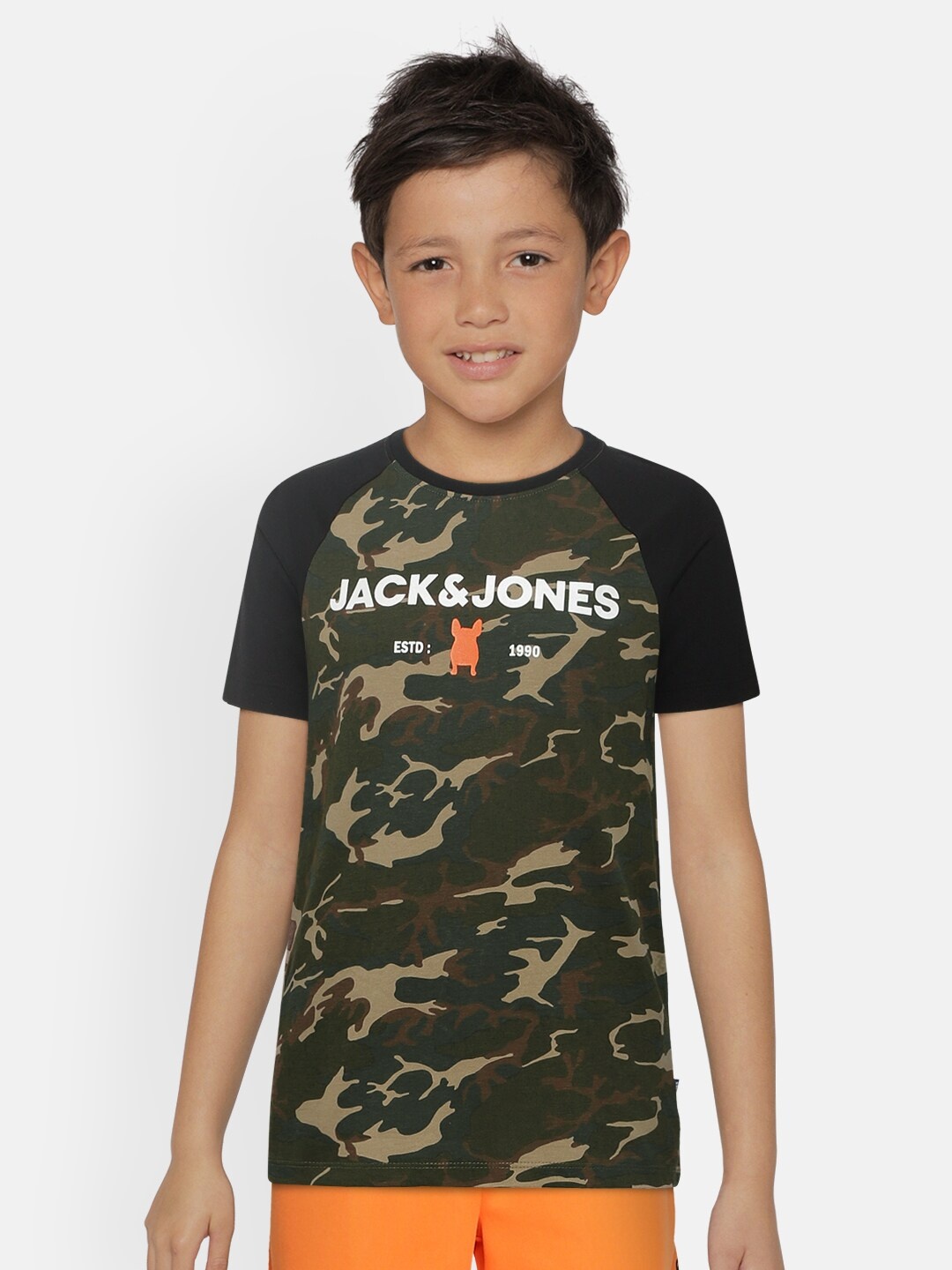 

Jack Jones Boys Black Olive Green Camouflage Printed Round Neck Pure Cotton T-shirt