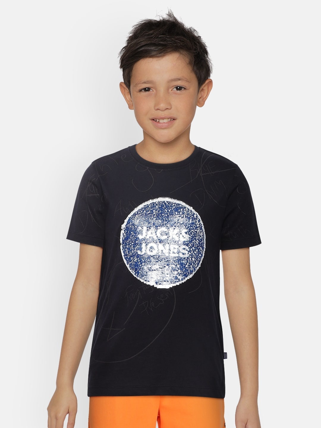 

Jack & Jones Boys Navy Blue Organic Cotton Printed with Flip Sequin Sustainable T-shirt