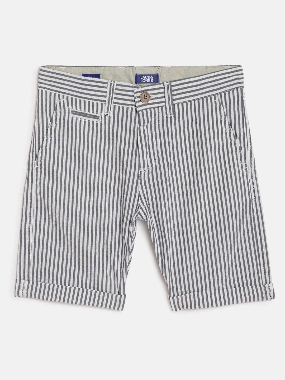 

Jack & Jones Boys Blue & White Striped Pure Cotton JJI MAX Slim Fit Chino Shorts