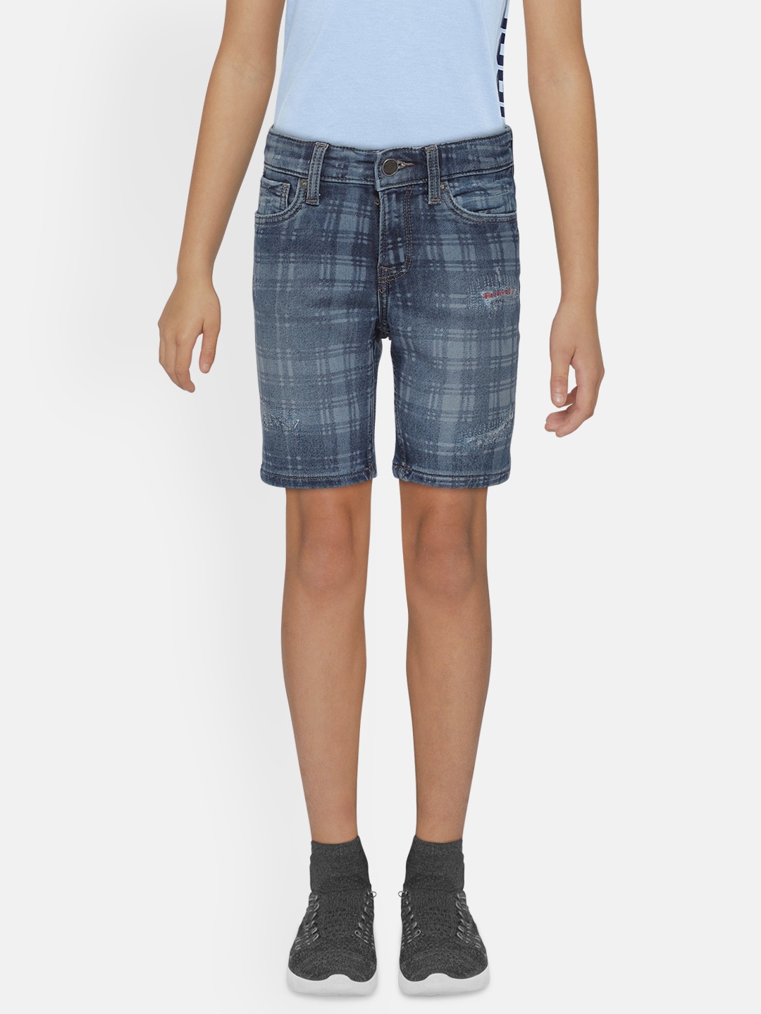 

Jack & Jones Boys Blue Washed Checked Distressed JJI RICK ORIGI Slim Fit Denim Shorts