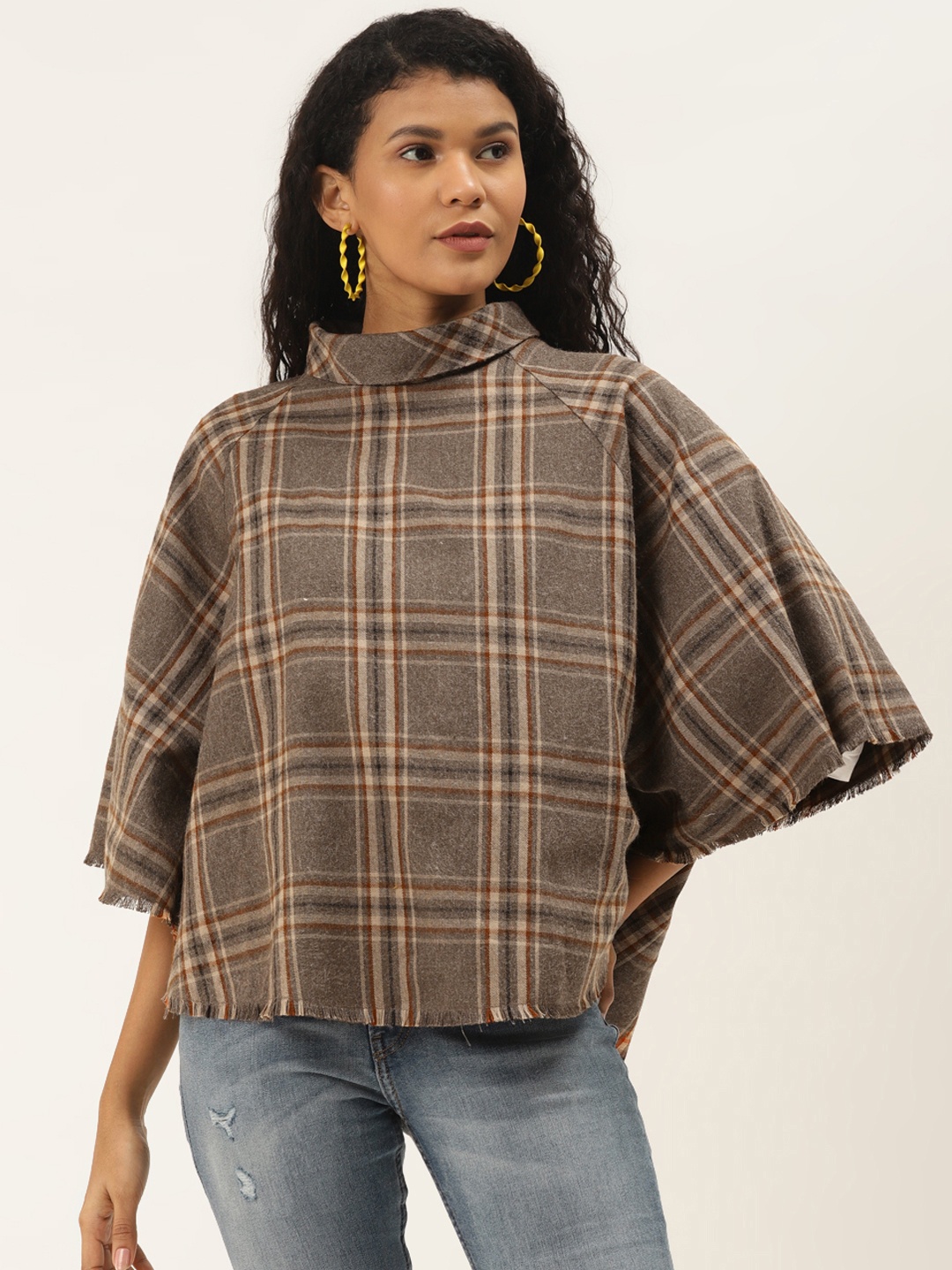 

Off Label Women Brown & Beige Checked Poncho Top