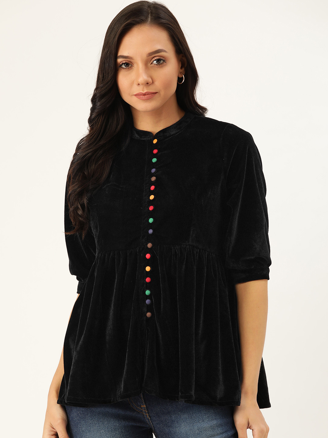 

Shae by SASSAFRAS Women Black Solid A-Line Top With Velvet Finish