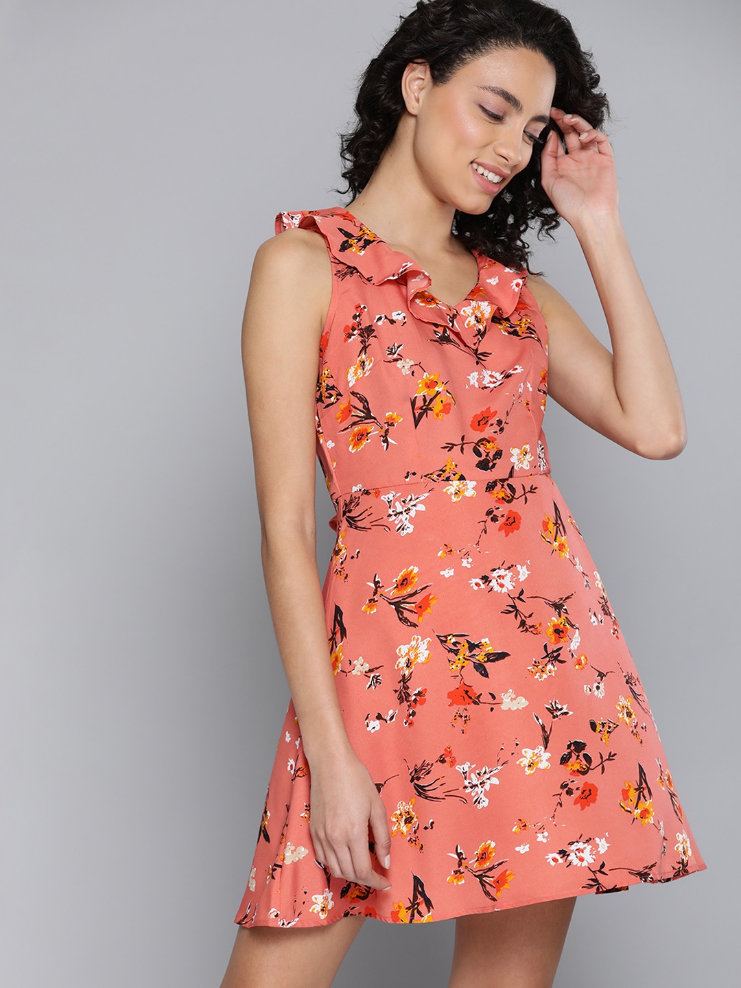 

Mast & Harbour Women Peach-Coloured Floral Print Wrap Dress