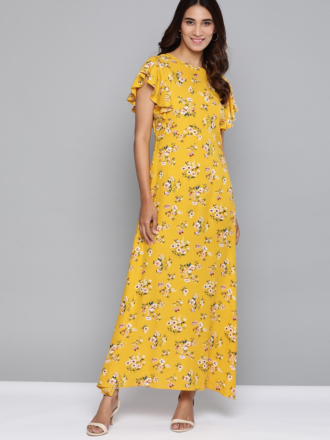 

Mast & Harbour Women Mustard Yellow & White Floral Printed Maxi Dress