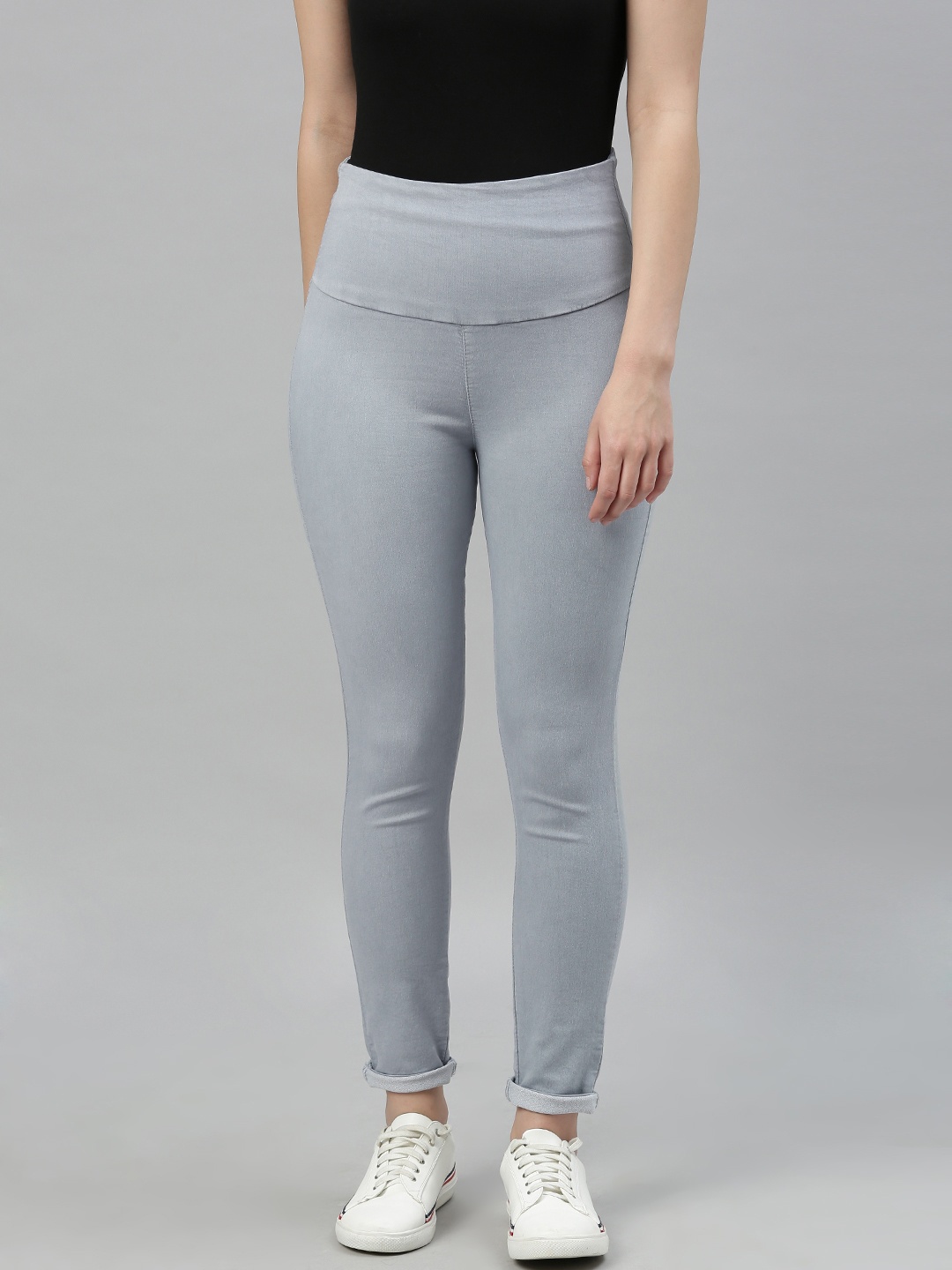 

ADBUCKS Women's Light Grey Solid Tummy Tucker High Waist Jeggings