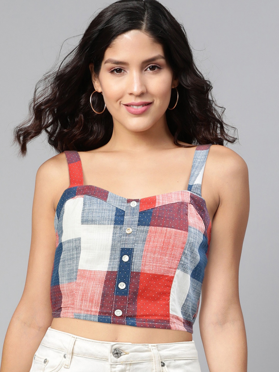 

Global Desi Red & Grey Checked Pure Cotton Fitted Crop Top with Smocking Detail