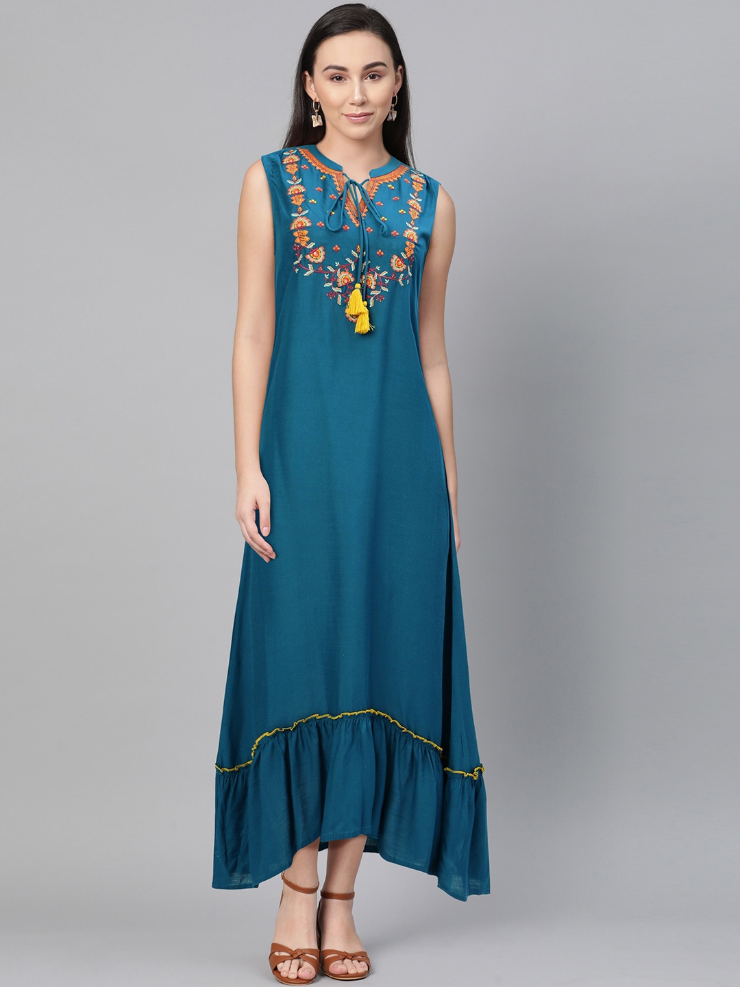 

Global Desi Women Teal Blue Yoke Design Embroidered Maxi Dress