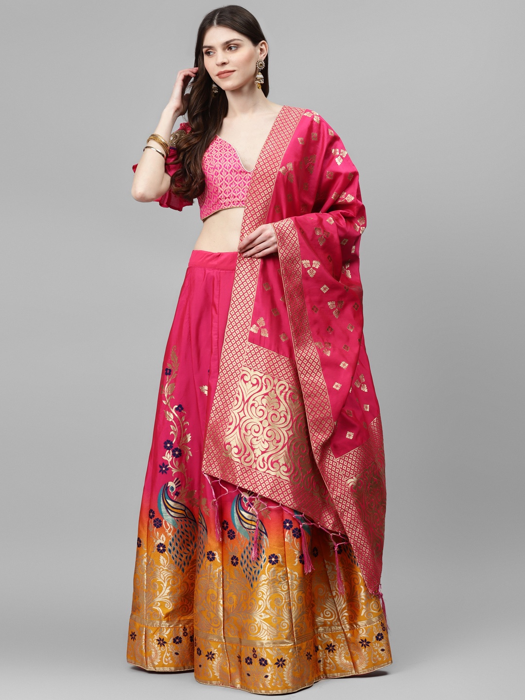

Chhabra 555 Women Pink & Golden Woven Design Semi-Stitched Banarasi Lehenga Choli
