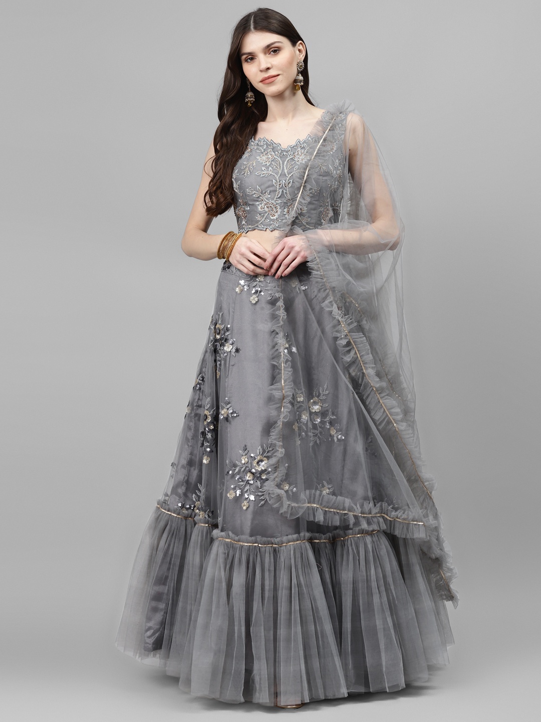 

Chhabra 555 Grey & Silver Embellished Made to Measure Lehenga & Blouse with Dupatta