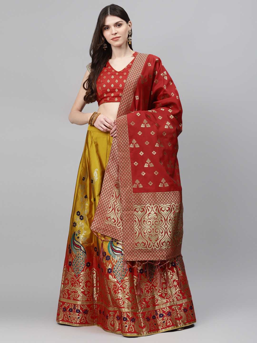 

Chhabra 555 Mustard Yellow & Red Semi-Stitched Lehenga & Unstitched Blouse with Dupatta