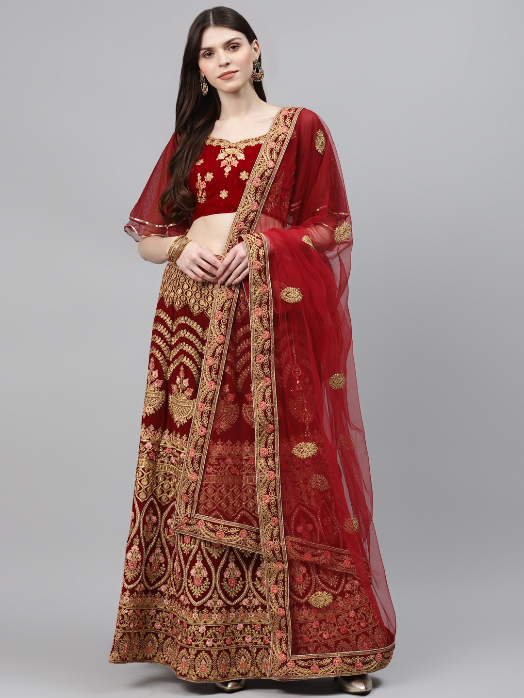 

Chhabra 555 Maroon & Golden Velvet Semi-Stitched Lehenga & Unstitched Blouse with Dupatta