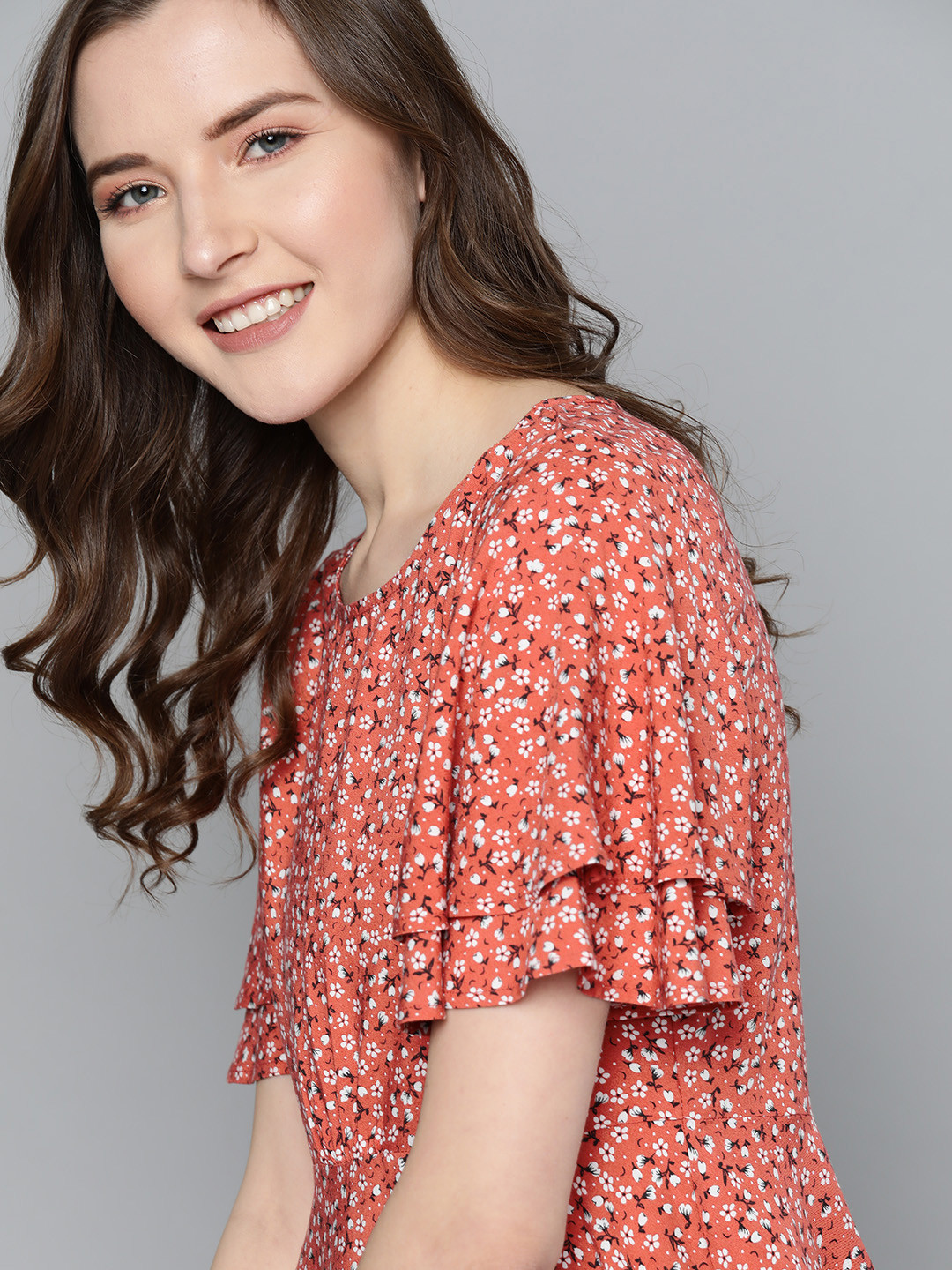 

Mast & Harbour Women Rust Red & White Floral Print Peplum Top