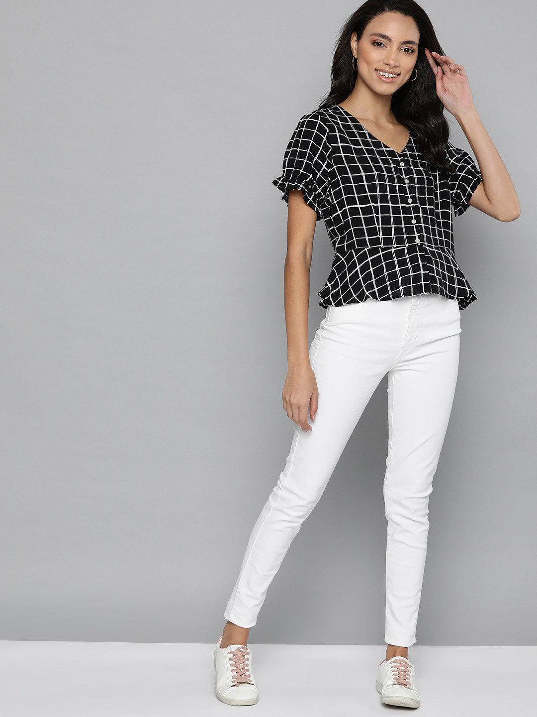 

Mast & Harbour Women Black & White Checked A-Line Top