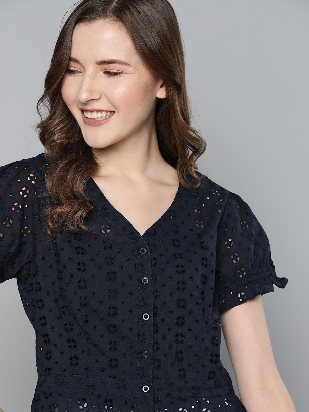 

Mast & Harbour Women Navy Blue Self Design Cinched Waist Pure Cotton Top