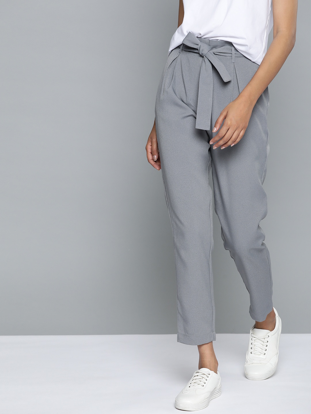 

Mast & Harbour Women Grey Solid Belted Regular Trousers