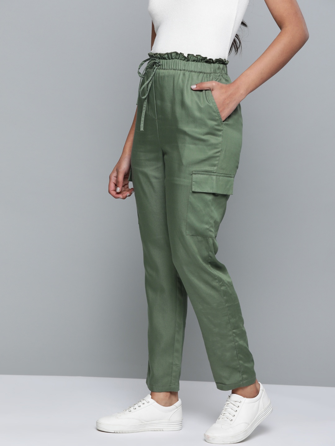 

Mast & Harbour Women Green Regular Fit Solid Paperbag Cargos