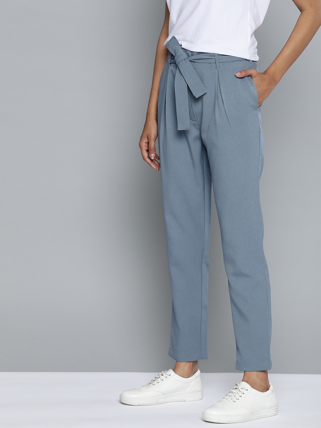 

Mast & Harbour Women Blue Solid Belted Regular Trousers