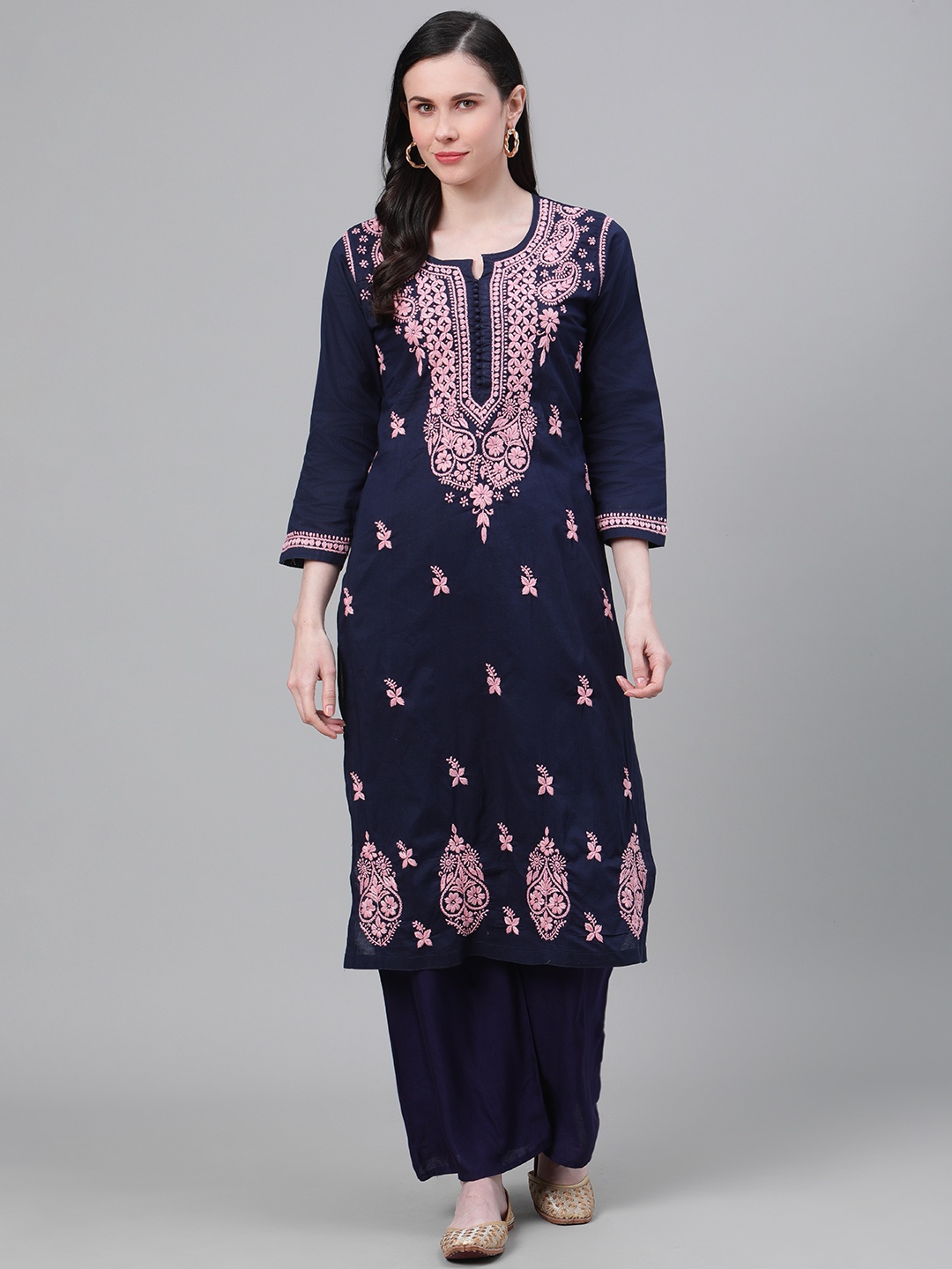 

ADA Women Navy Blue & Pink Chikankari Hand Embroidered Cotton Straight Handloom Kurta