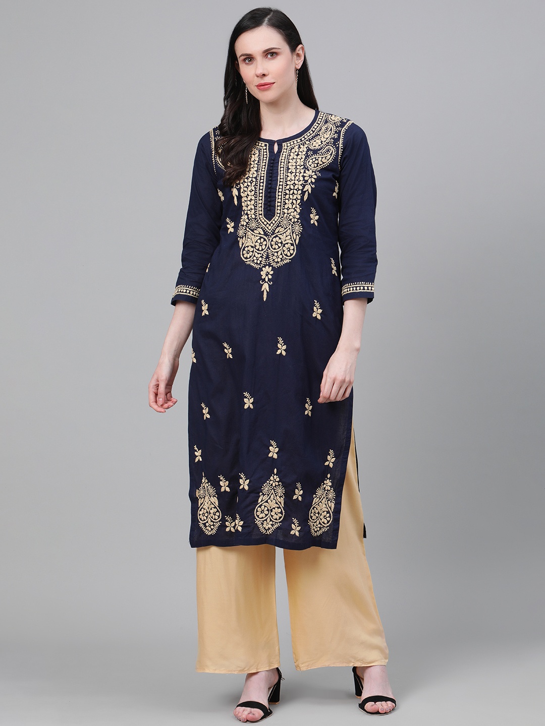 

ADA Women Navy Blue & Beige Chikankari Hand Embroidered Cotton Straight Sustainable Handloom Kurta