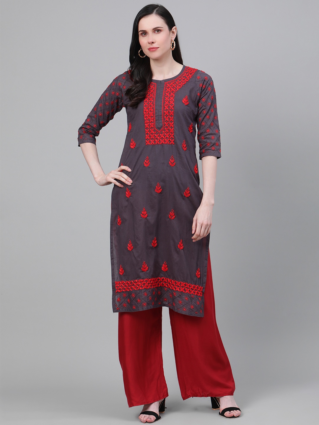 

ADA Women Charcoal Grey & Red Chikankari Hand Embroidered Cotton Straight Handloom Kurta