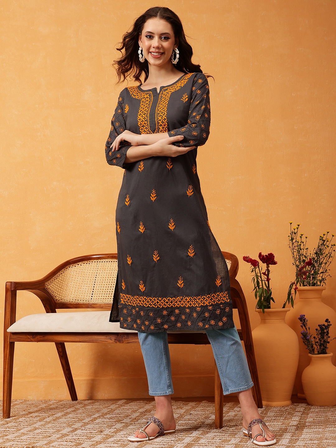 

ADA Women Charcoal Grey & Mustard Yellow Chikankari Hand Embroidered Cotton Straight Handloom Kurta