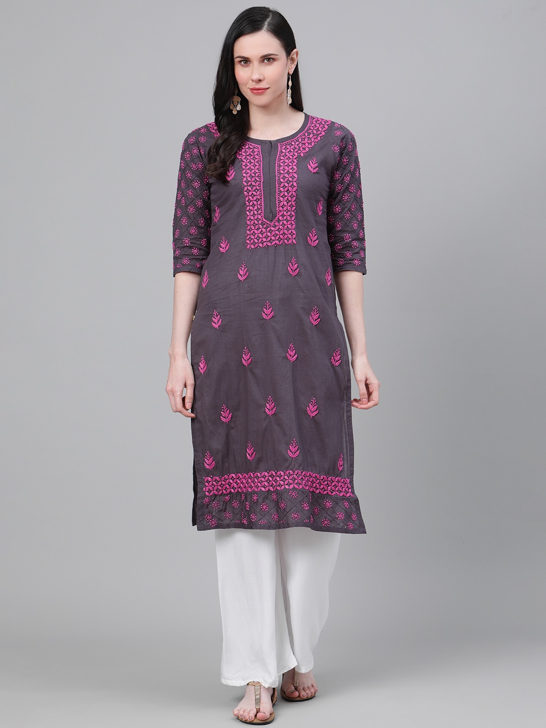 

ADA Women Charcoal Grey & Purple Chikankari Hand Embroidered Cotton Straight Handloom Kurta