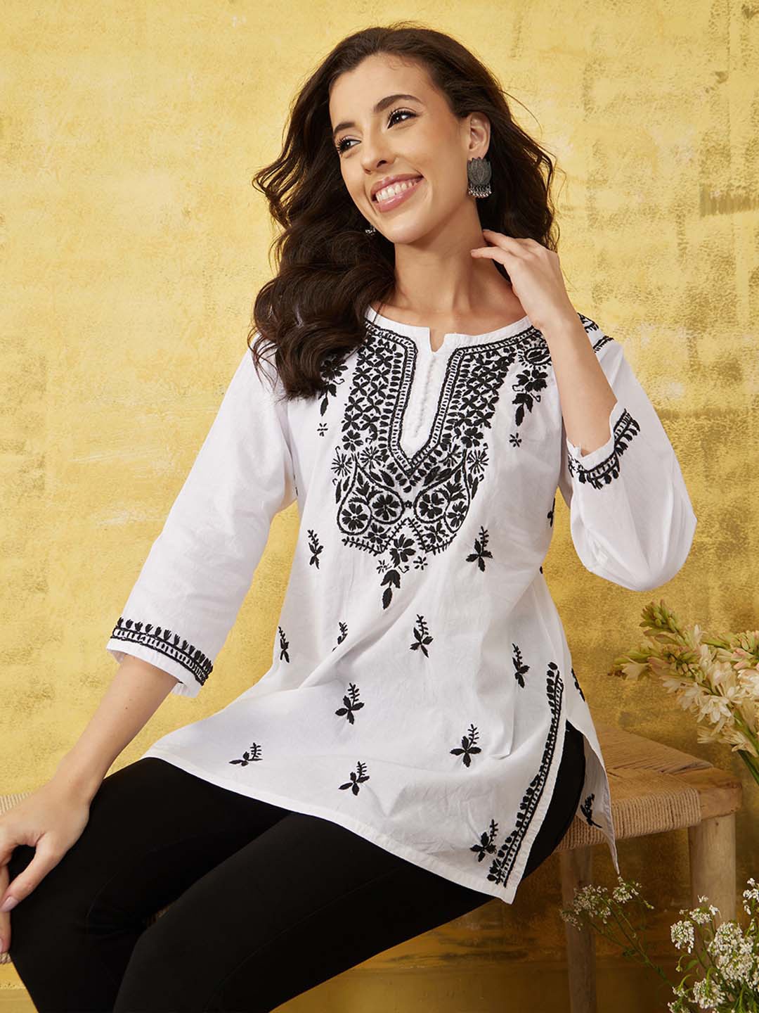 

ADA Women White & Black Pure Cotton Chikankari Embroidered Straight Kurti