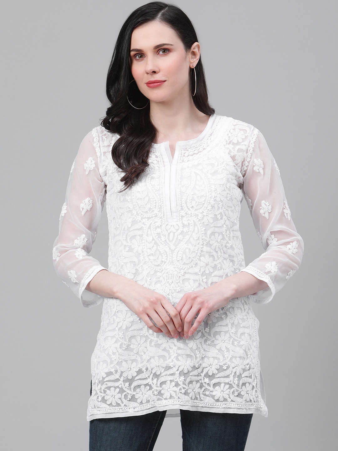 

ADA Women White Chikankari Embroidered Straight Handloom Kurti With An Inner