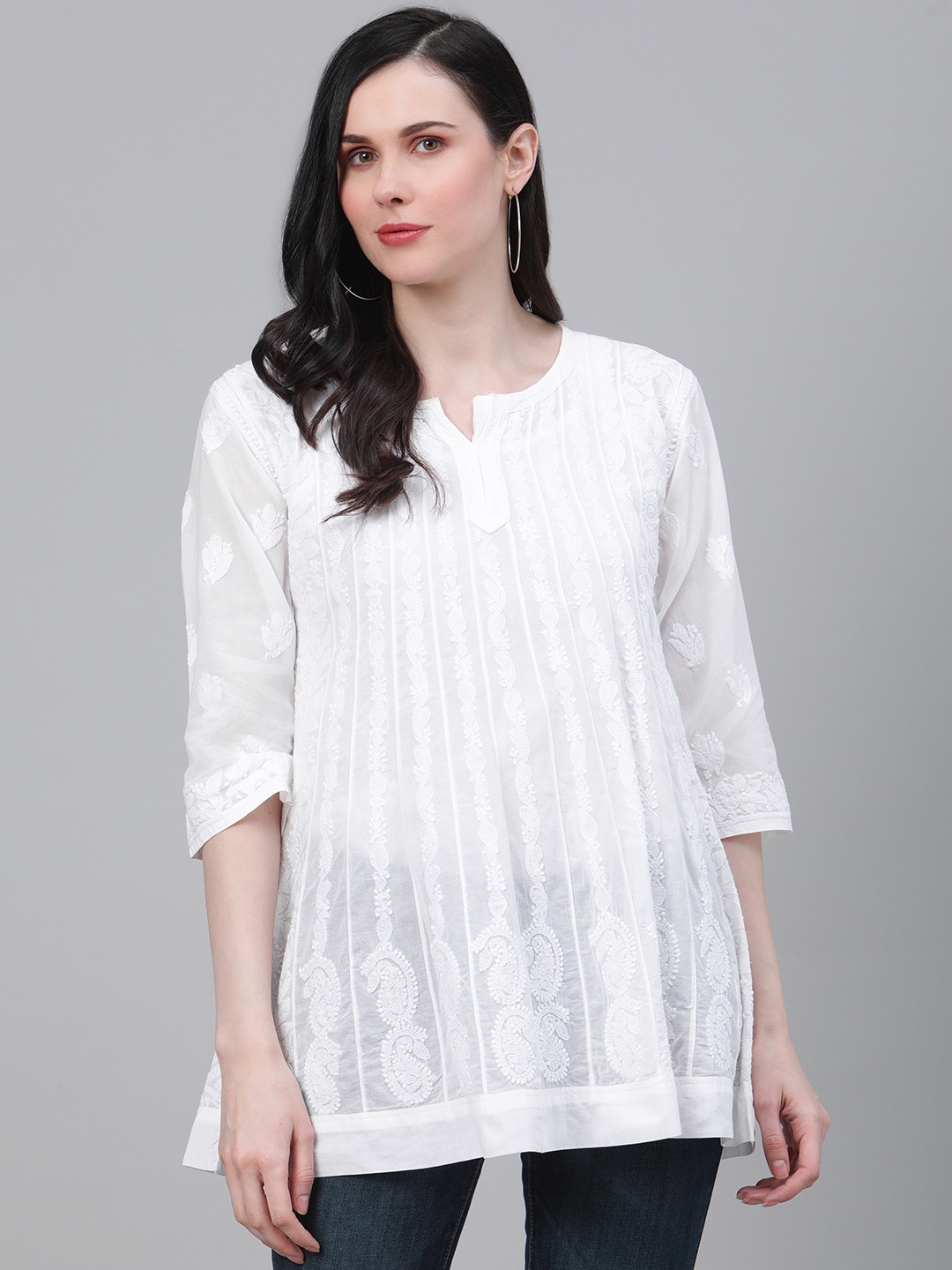 

ADA Women White Pure Cotton Chikankari Embroidered Straight A-Line Kurti