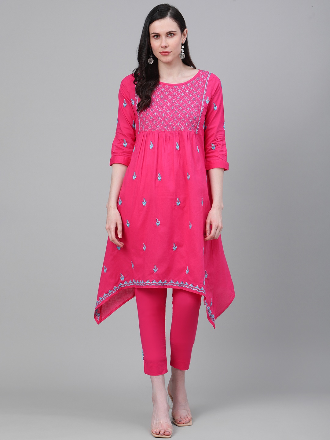 

ADA Women Pink & Blue Chikankari Embroidered Cotton Handloom Kurta with Trousers