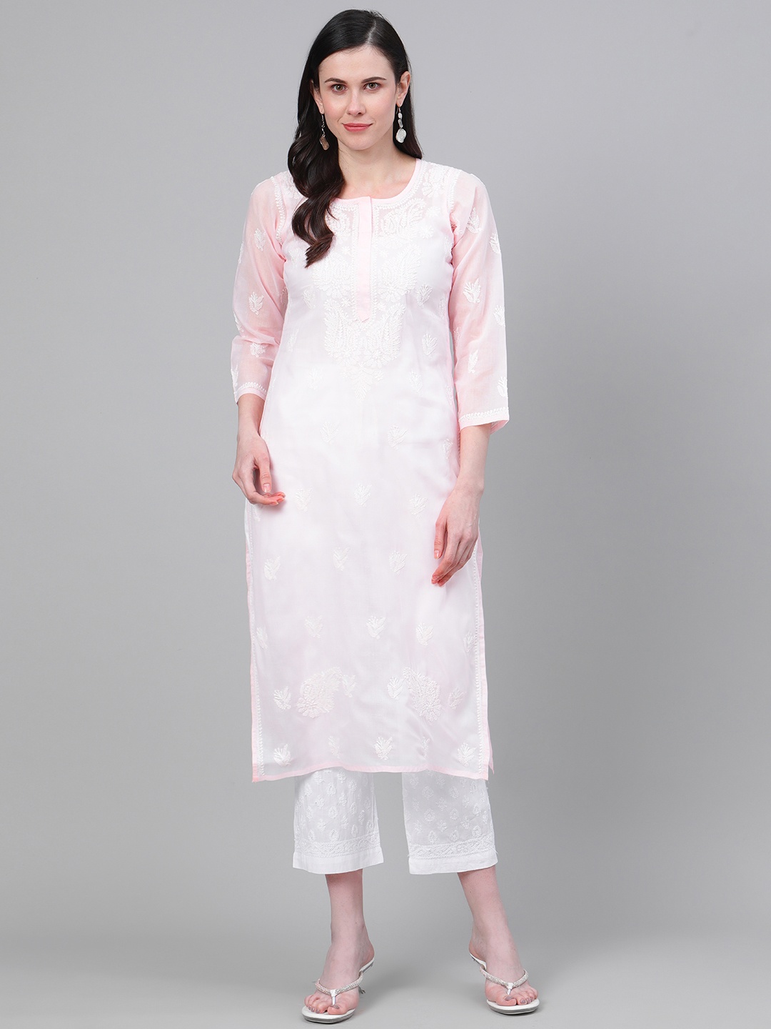 

ADA Women Pink & White Pure Cotton Chikankari Embroidered Handloom Kurta with Trousers