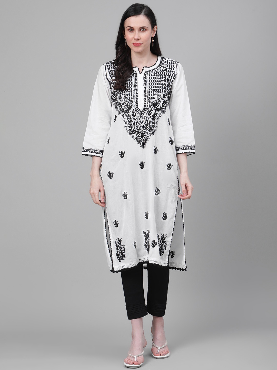 

ADA Women White & Black Pure Cotton Chikankari Embroidered Sustainable Handloom Kurta with Trousers