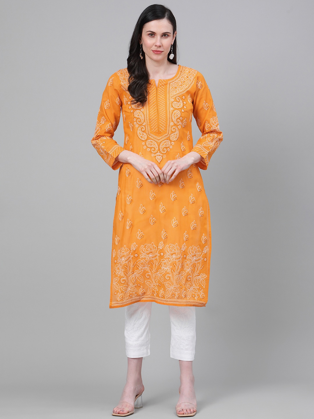 

ADA Women Mustard Yellow & White Chikankari Embroidered Cotton Sustainable Handloom Kurta with Palazzos