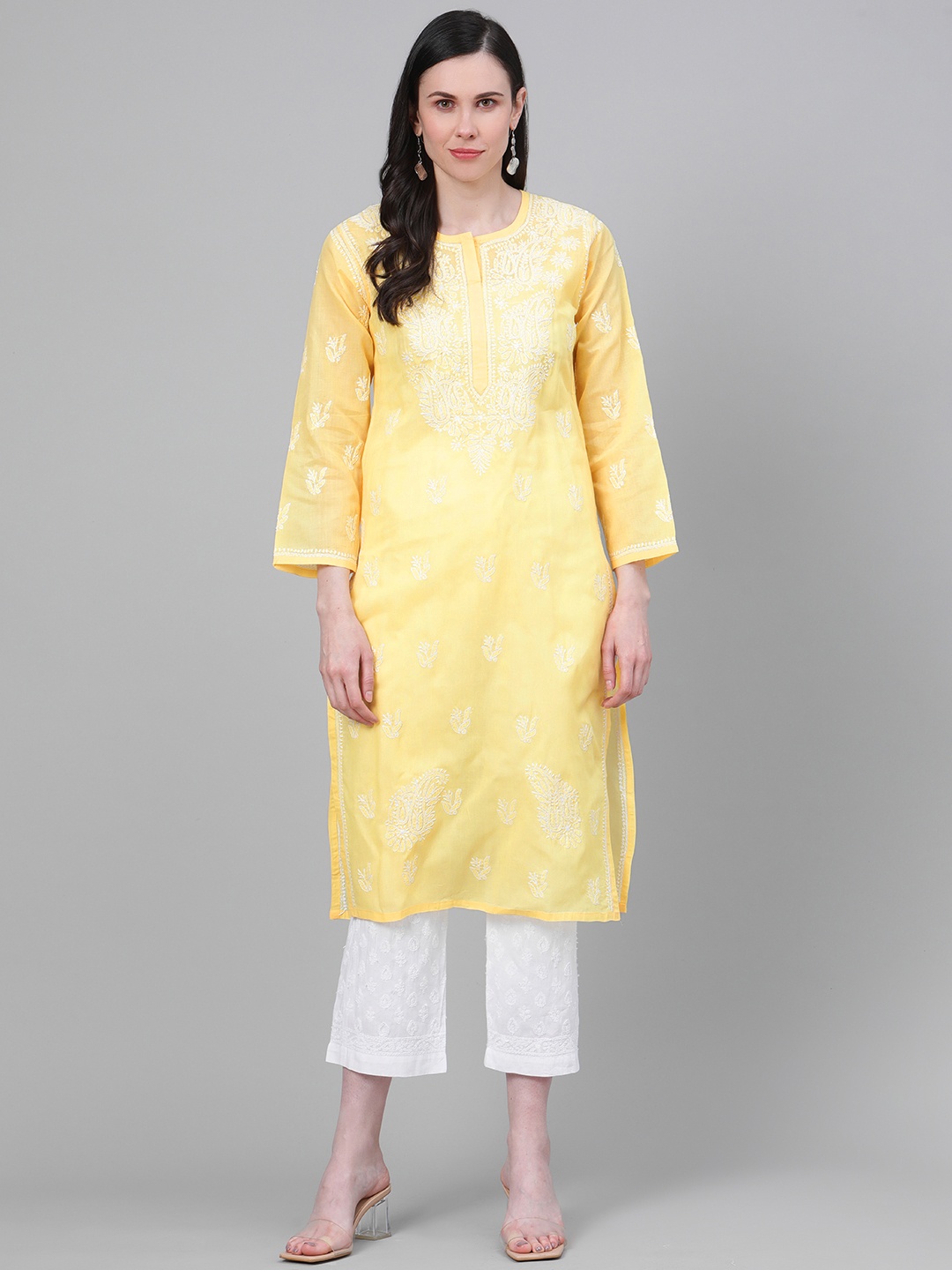 

ADA Women Yellow & White Pure Cotton Chikankari Embroidered Sustainable Handloom Kurta with Trousers