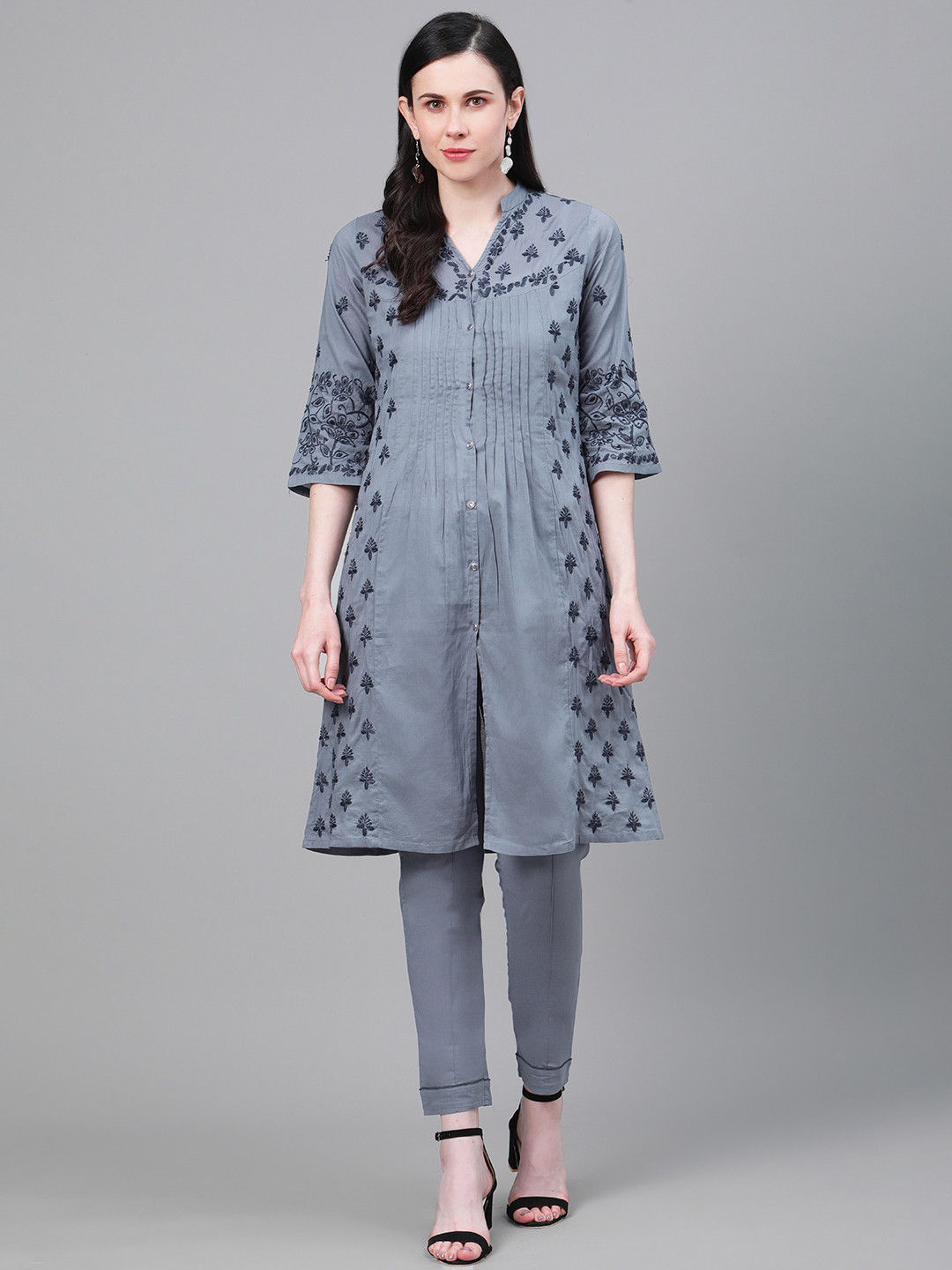 

ADA Women Grey & Navy Blue Chikankari Embroidered Front Slit Cotton Sustainable Handloom Kurta with Trousers