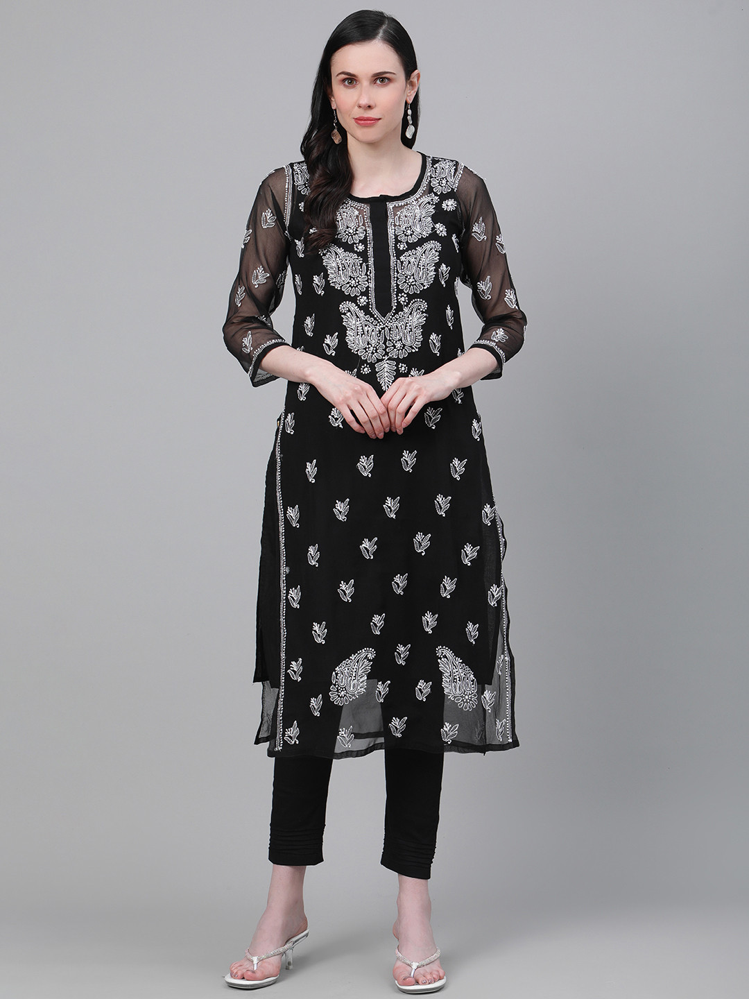 

ADA Women Black & White Chikankari Embroidered Kurta with Trousers