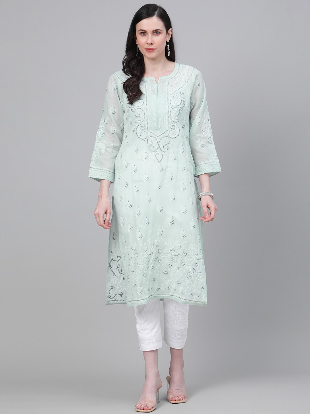 

ADA Women Green & White Pure Cotton Chikankari Embroidered Sustainable Handloom Kurta with Trousers