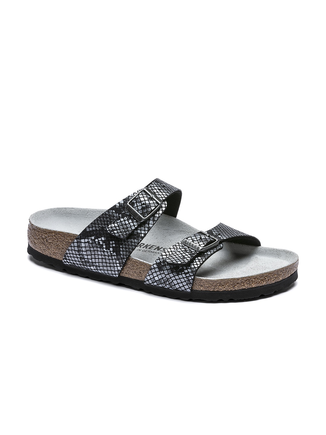 

Birkenstock Women Black & Off-White Snake Printed Sydney Narrow Width Flats