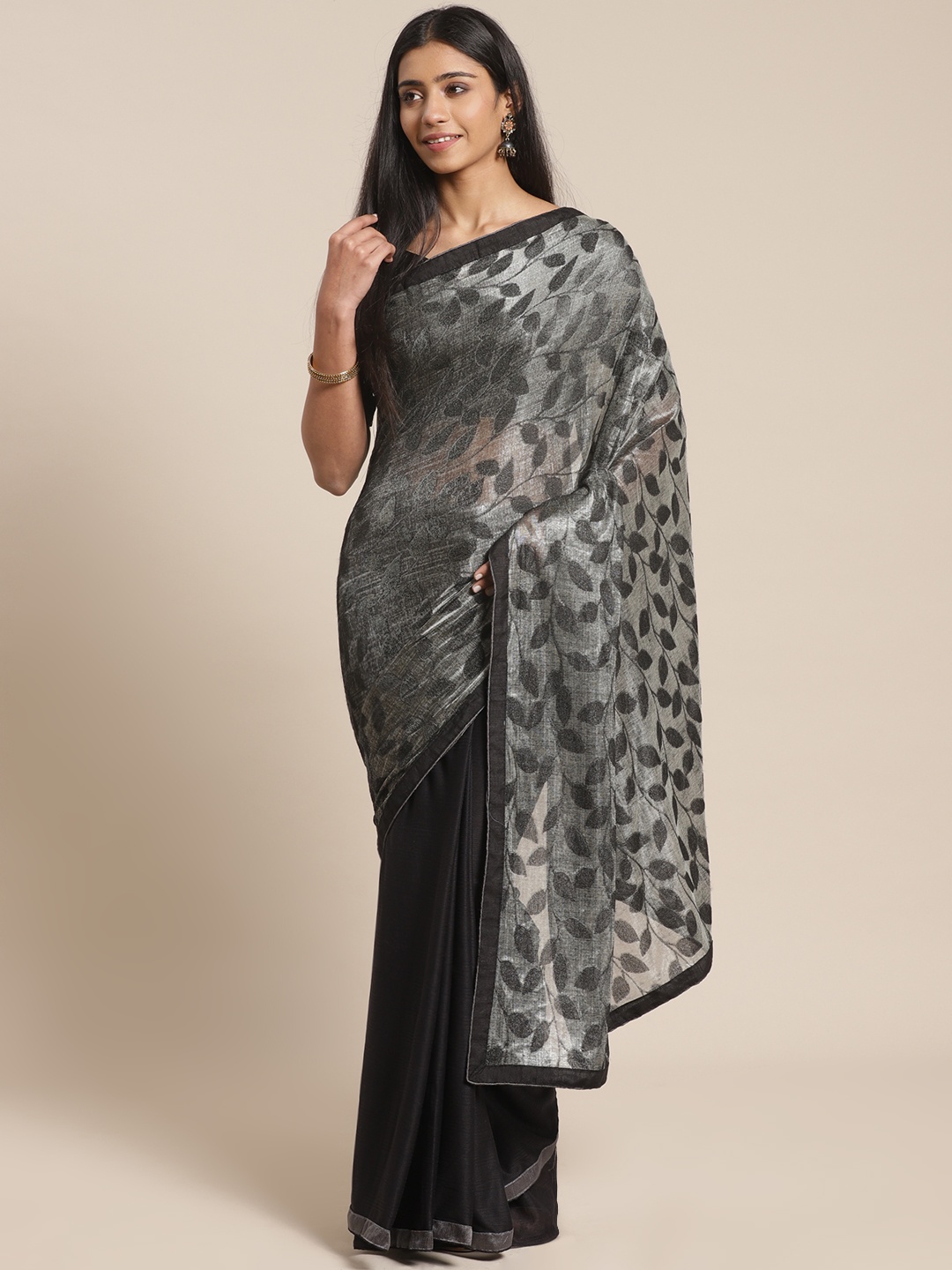 

SUTRAM Charcoal Grey & Black Half & Half Woven Design Saree
