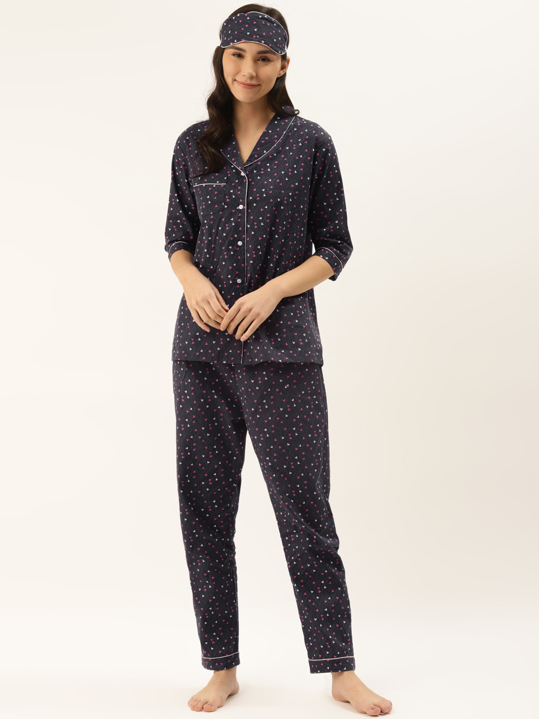 

Rapra The Label Women Black & Pink Heart Printed Pure Cotton Night Suit With Eye Mask