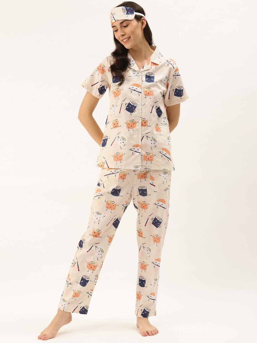 

Rapra The Label Women Beige & Navy Blue Sushi Print Pure Cotton Night Suit with Eye Mask