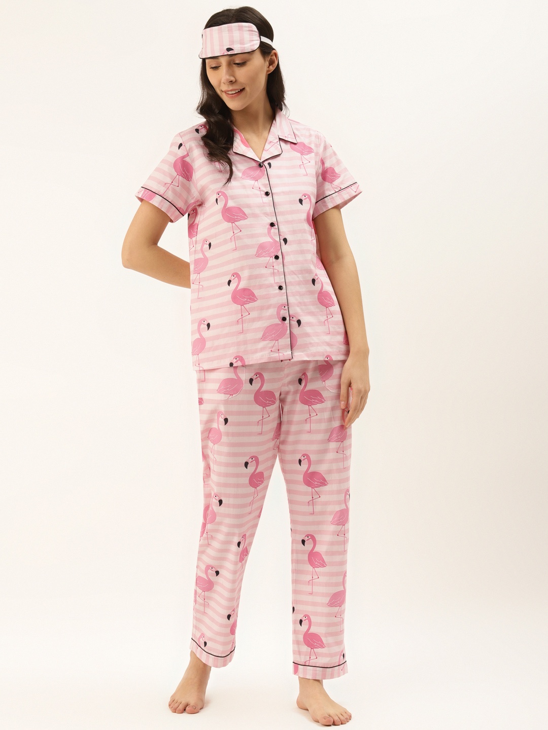 

Rapra The Label Women Pink Flamingo Printed Pure Cotton Night Suit With Eye Mask
