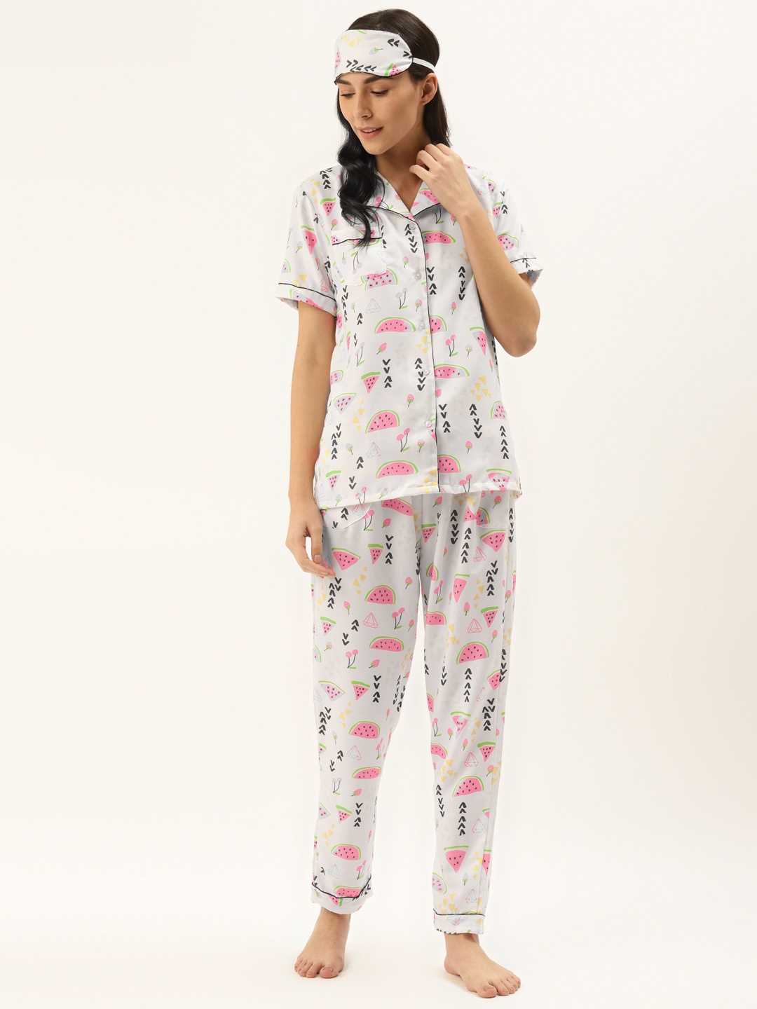 

Rapra The Label Women White & Pink Pure Cotton Fruit Print Night Suit with Eye Mask