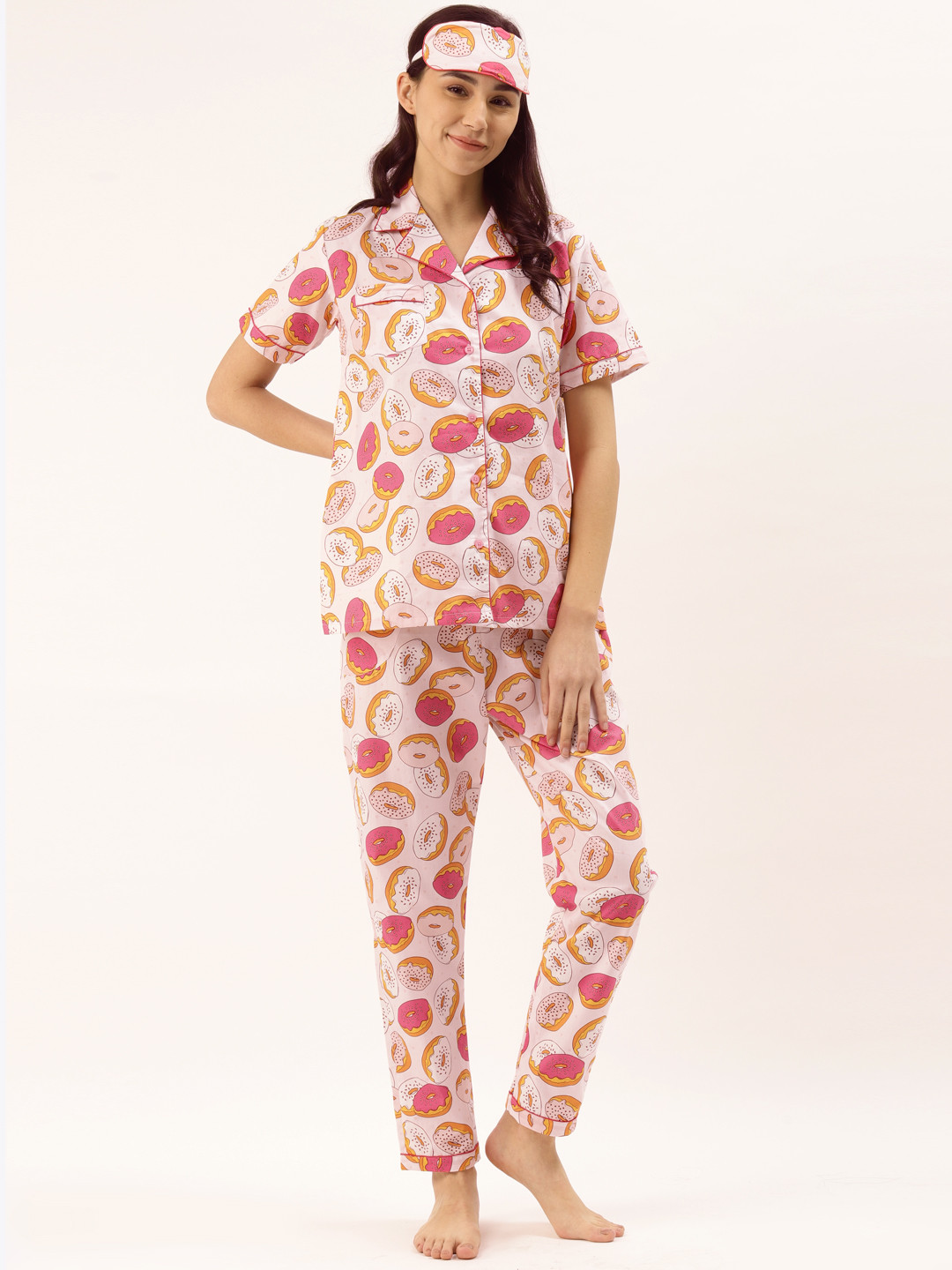 

Rapra The Label Women Pink Pure Cotton Donut Print Night Suit with Eye Mask